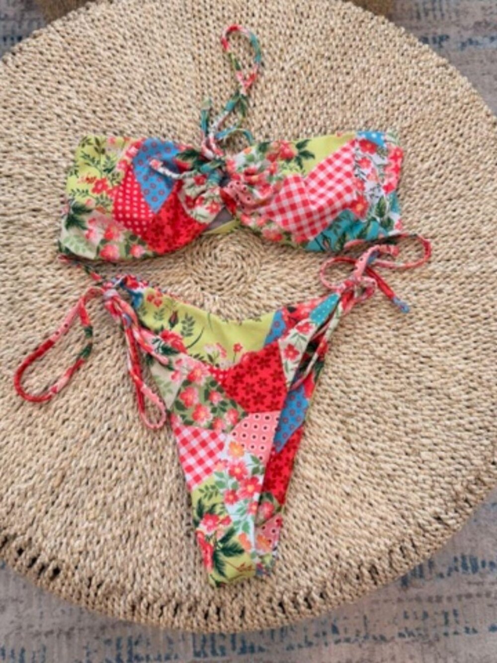 Bright Colored Patchwork Print Bandeaux High Leg/Side Tie Bikini Swimsuit set, S